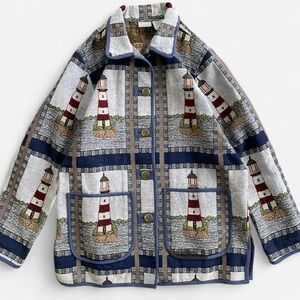 Vintage Blair Coastal Lighthouse Print Tapestry Jacket M